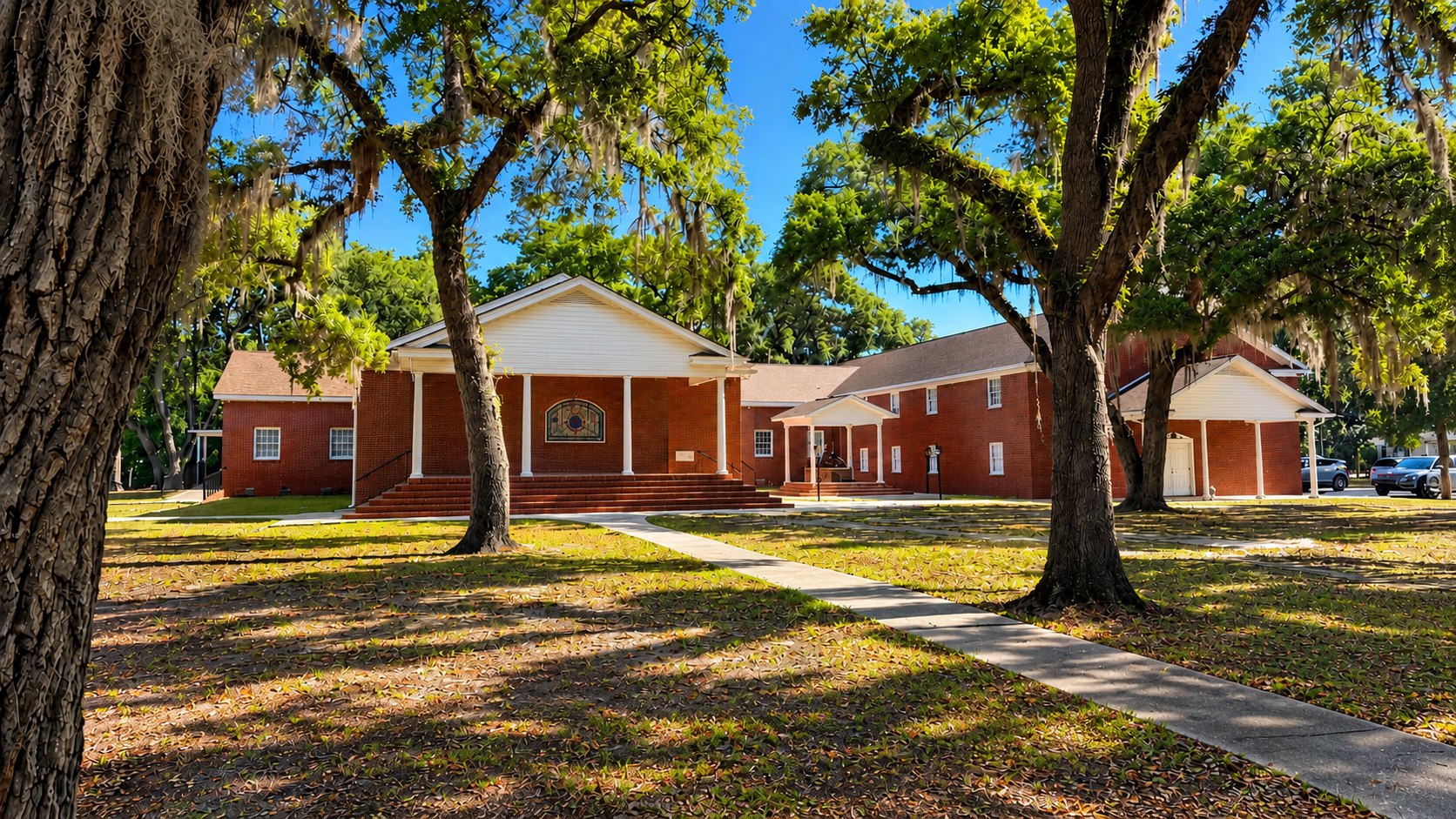 Bethlehem Baptist Church exterior, framed by oak trees