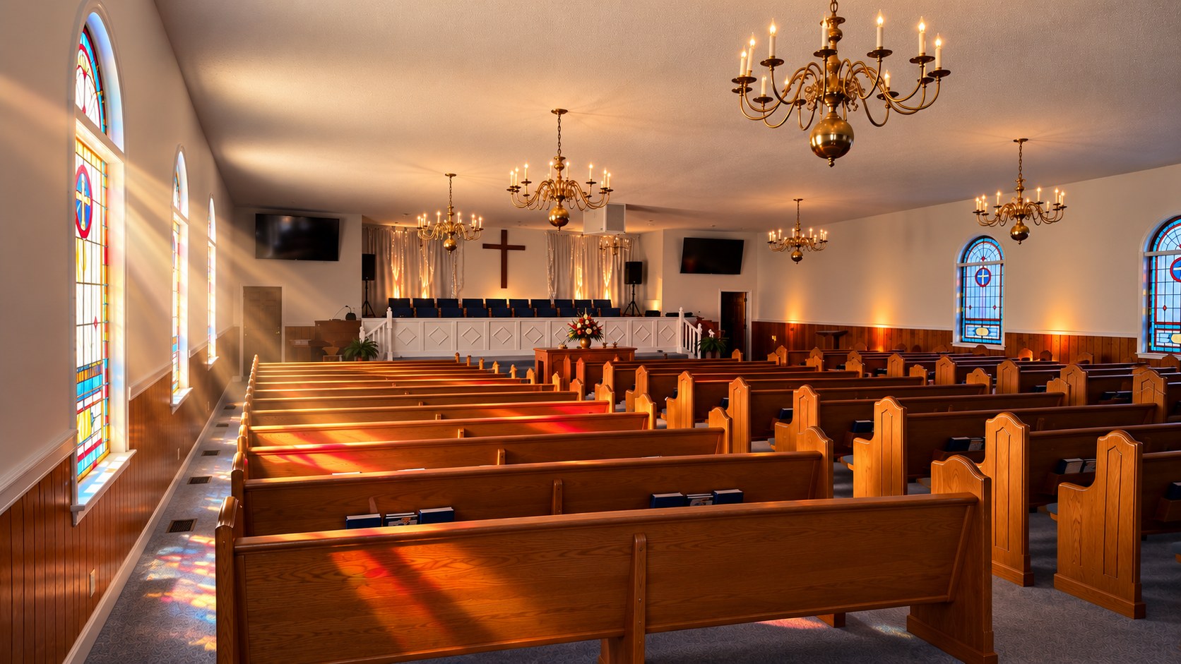 Interior of Bethlehem Baptist Church sanctuary with wooden pews and stained-glass windows